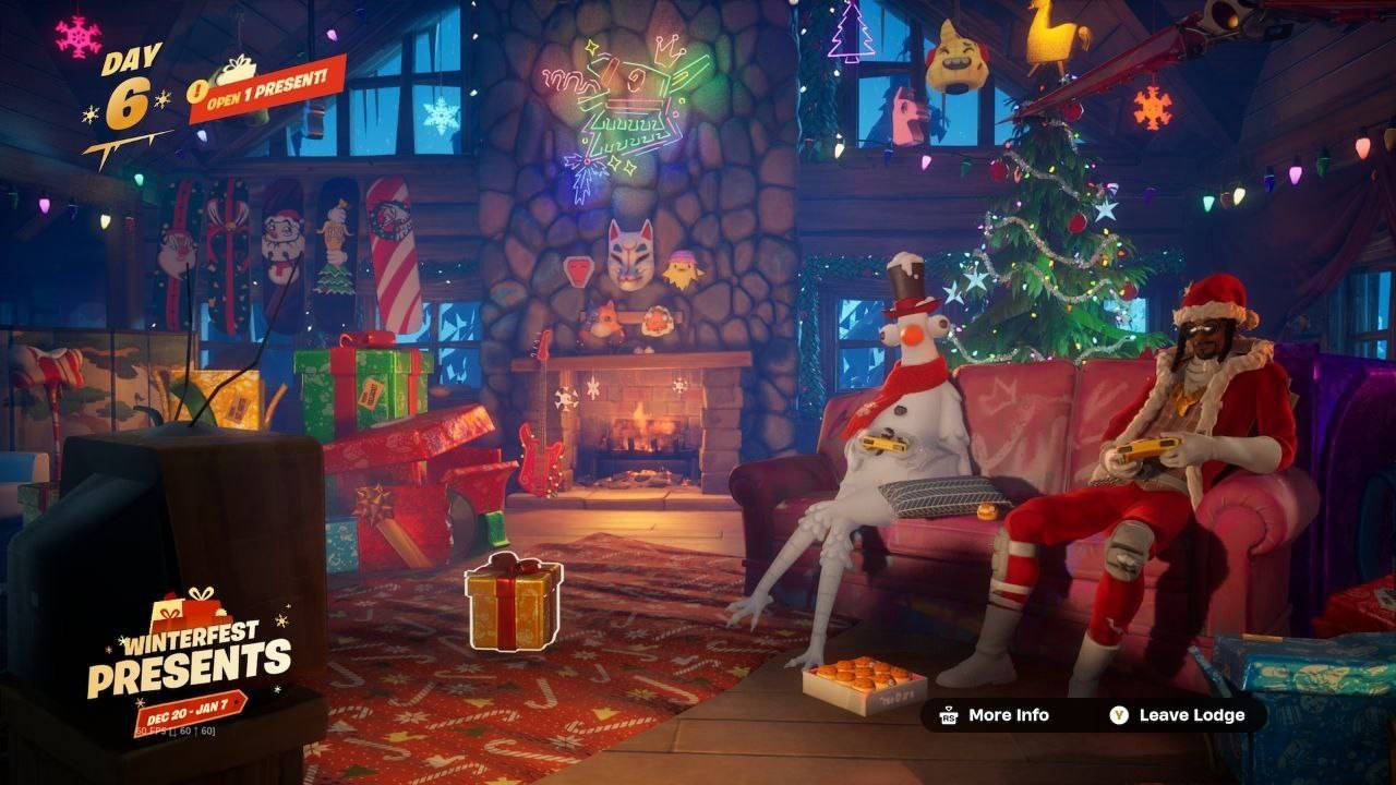 Locate the gift box in the Winterfest lodge