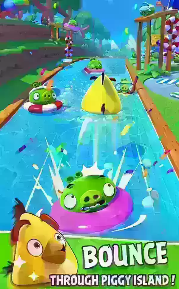 Uma imagem de um pássaro vermelho ricocheteando em um porco e voando pelo ar ao longo de um rio.