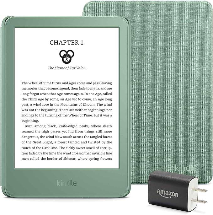 Bundle de Kindle Essentials que incluye Kindle (liberación 2024) - matcha, cubierta de tela - matcha y adaptador de potencia