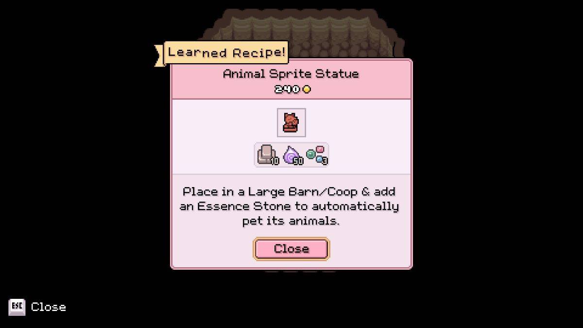 Animal Sprite Statue (auto-petter mechanic) description in Fields of Mistria