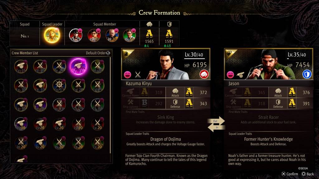 Het Crew Formation Stat -scherm voor Jason in Like a Dragon: Pirate Yakuza in Hawaii