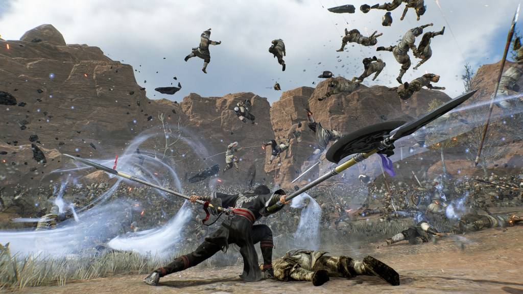 The Wanderer attacks an army with twin pikes in Dynasty Warriors: Origins