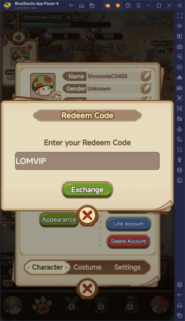 Redeeming a code in Legend of Mushroom