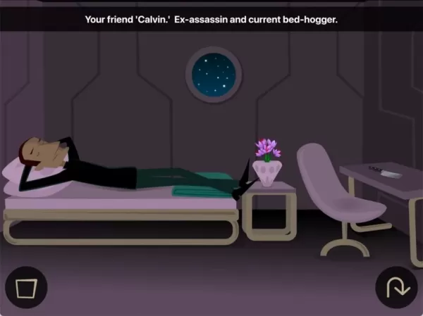 A man clad in black is reclining on a bed, with text describing him as a former assassin turned best friend