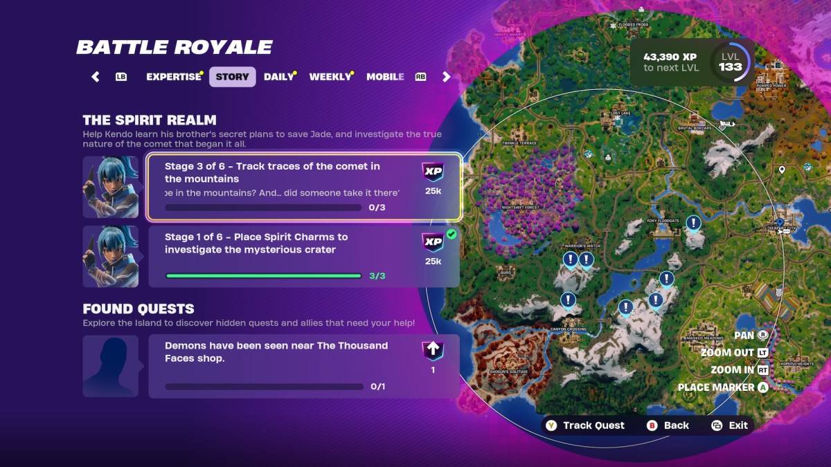 FortniteのComet Traceの場所を強調表示するマップ。