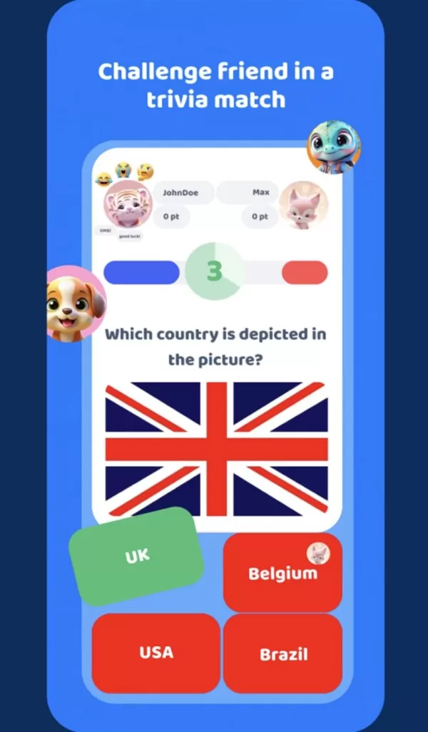 Uno screenshot di un gioco di quiz con molteplici risposte per determinare a quale paese serve la bandiera di Union Jack.