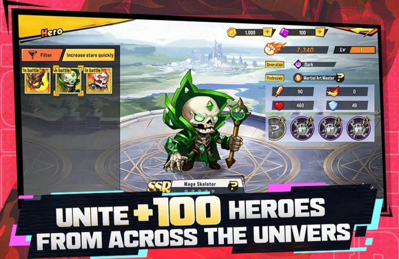 A screenshot of Heroes United showcasing a character selection screen with a skeletal mage highlighted.