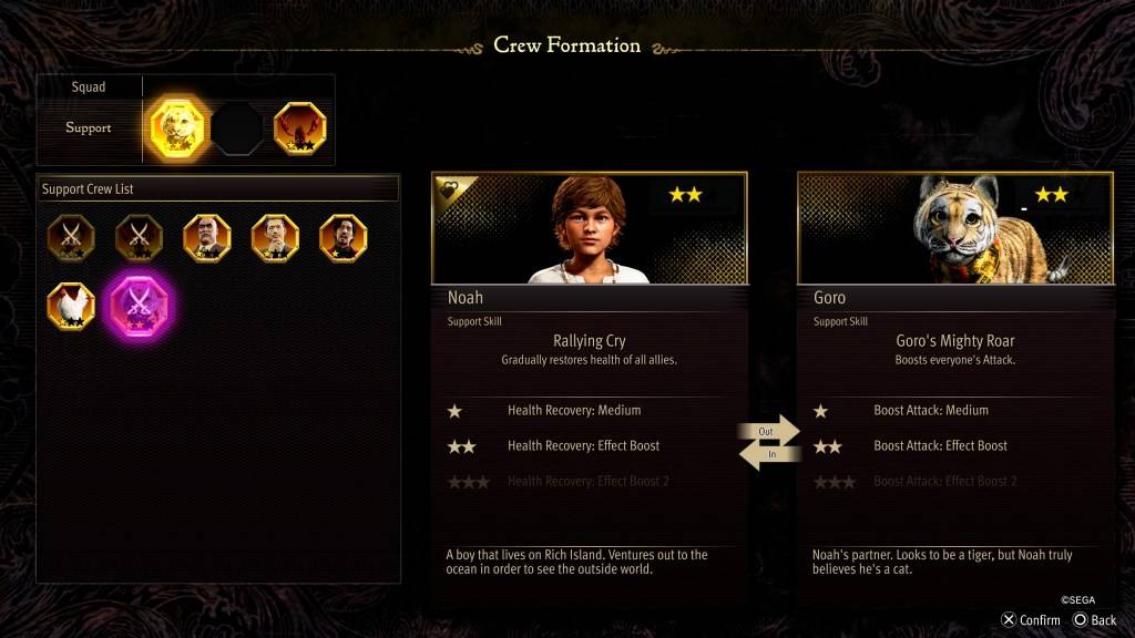 Het Crew Formation Stat -scherm voor Goro in Like a Dragon: Pirate Yakuza in Hawaii