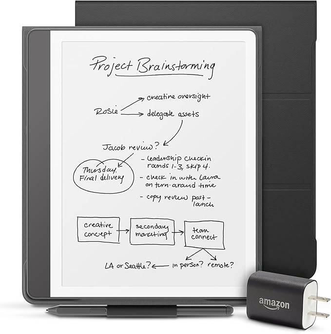 Новый Amazon Kindle Scribe Essentials, в том числе New Kindle Scribe (16 ГБ)-вольфрамовый, премиум-ручка, кожаный кожаный черный и мощный адаптер