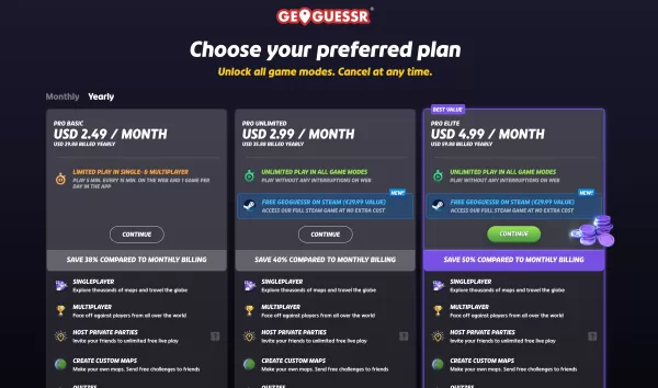 แผนการพรีเมี่ยมสามแผนสำหรับเกมเบราว์เซอร์ เครดิตภาพ: Geoguessr